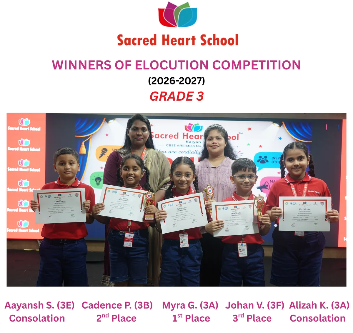 Grade 3 winners of the Elocution Competition holding their certificates