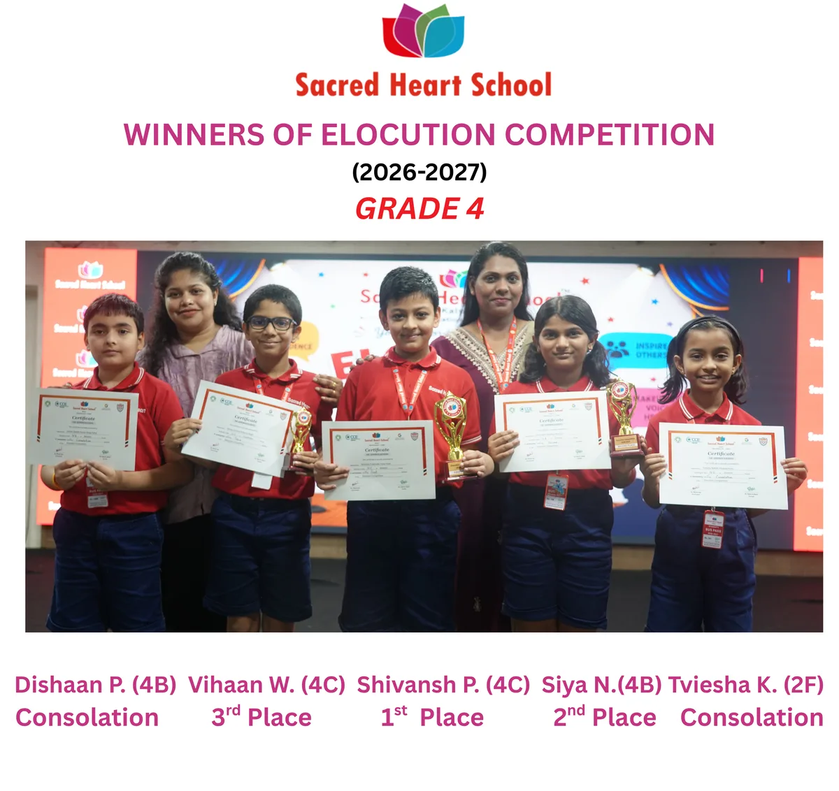 Grade 4 winners of the Elocution Competition holding their certificates