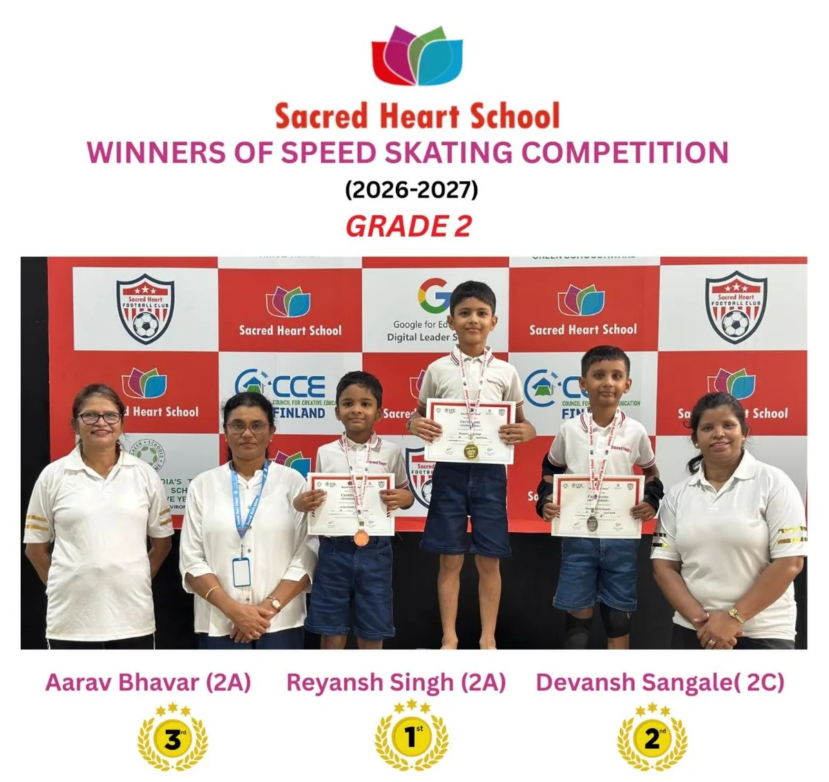Grade 2 boys' winners of the Speed Skating Competition on the podium