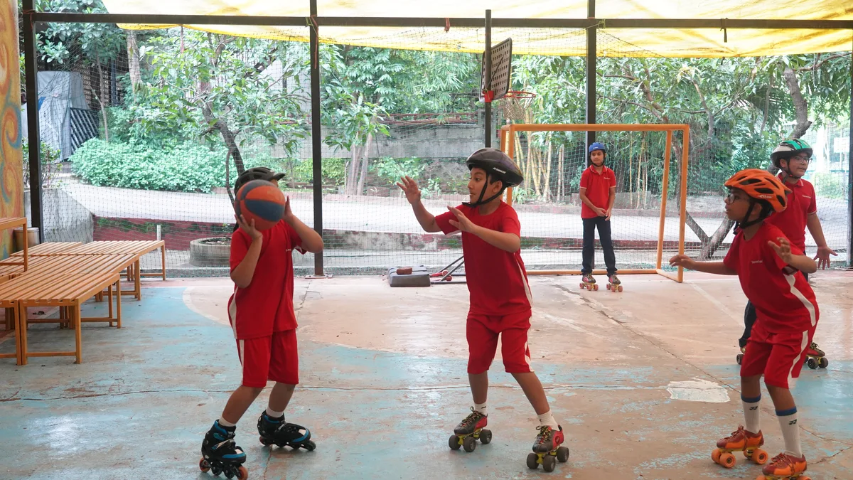 A student in roll ball practice on skates